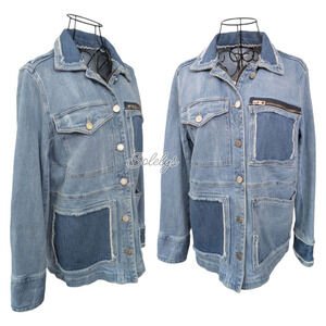Zadig & Voltaire Kick Destroy Distressed Pocket Patchwork Blue Jean Denim Jacket
